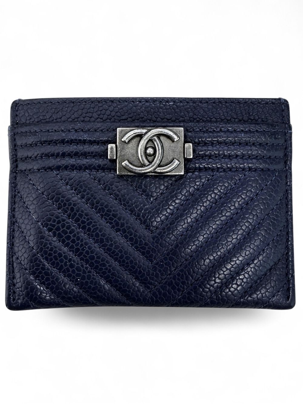 Chanel Boy Card Holder Navy Caviar Leather Chevron Quilted Silver CC Logo Wallet